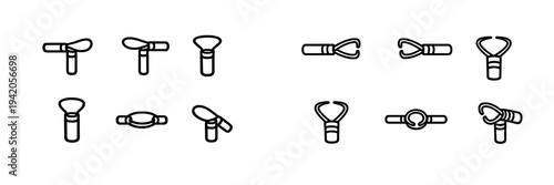 Minimalist line art icons of various bottle openers and beverage accessories for kitchen and bar use on white background