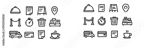 Restaurant and cafe service line icons set including food truck cash register coffee cup and receipt symbols on white background