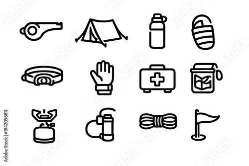 Set of outdoor camping and survival equipment icons including tent first aid kit whistle and headlamp for hiking adventures