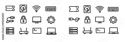 Technology and computer hardware line icons including laptop server router keyboard and wifi symbols on white background