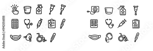 Medical and healthcare icon set featuring stethoscope syringe wheelchair face mask thermometer and crutches for hospital equipment design