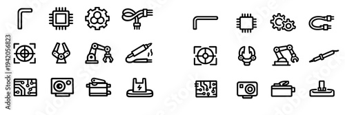 Robotics and electronics engineering line icons featuring microchip robotic arm gears soldering iron circuit board and industrial automation