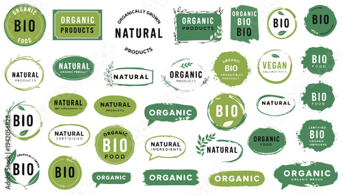 Set of organic and natural product labels, eco-friendly bio food badges, and vegan icons on green textured backgrounds.eps