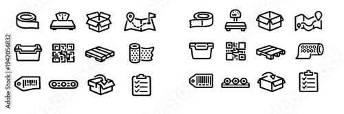 Logistics and shipping line icon set featuring cardboard boxes, delivery maps, barcode tags, pallets, and warehouse equipment