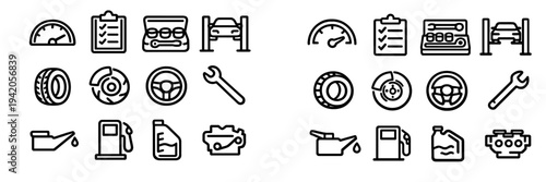 Automotive repair and car maintenance service line icon set featuring tools engine oil and garage equipment on white background