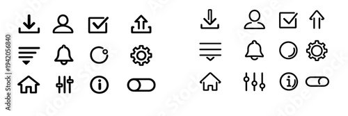 Minimalist user interface line icons set including download upload settings home bell profile and navigation symbols for web and mobile apps