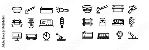 Set of railway and train station line icons including tracks signal light crossing gate conductor hat and freight car