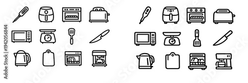 Kitchen appliance and cooking tool icon set featuring microwave oven toaster air fryer coffee maker and dishwasher line art