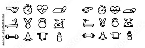 Collection of fitness and gym equipment icons featuring dumbbell kettlebell treadmill exercise bike and stopwatch for sports training