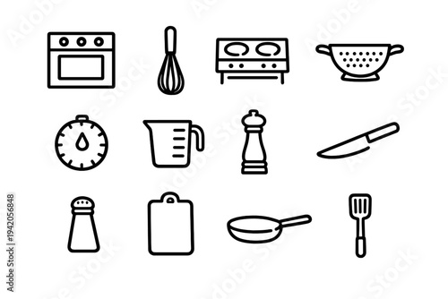 Collection of kitchen utensils and cooking equipment icons including oven stove whisk knife and pan on white background