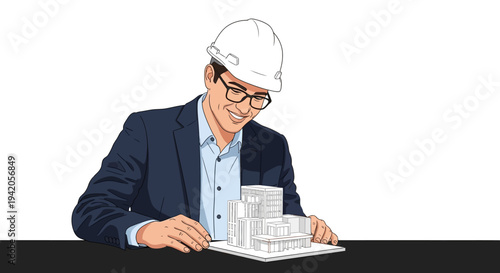 Engineer Examining Blueprint and Glassware.