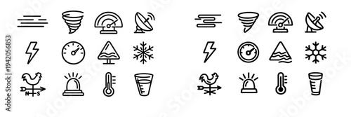 Weather forecast and meteorology icon set featuring tornado lightning thermometer snowflake and radar symbols on white background