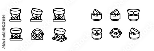 Set of industrial concrete mixer icons showing different angles and states of cement mixing equipment for construction projects