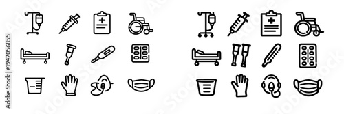 Healthcare and medical equipment icon set with syringe wheelchair hospital bed thermometer mask and surgical supplies