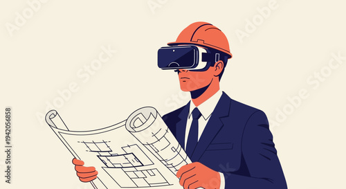 Engineer Wearing Virtual Reality Headset Examining Blueprint.
