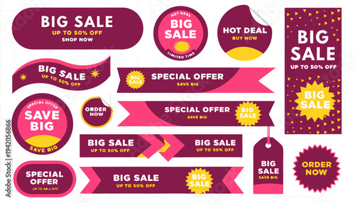 Set of pink promotional labels for special offer, free delivery, and best choice retail discounts.eps