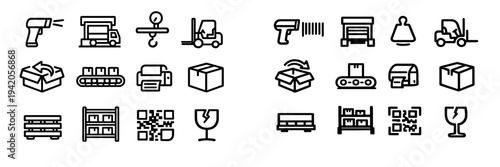 Warehouse and distribution center icons including cardboard boxes pallet forklift scanner and shipping equipment for logistics management