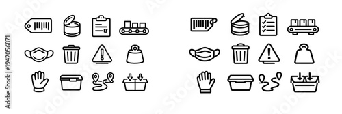 Logistics and safety line icon set featuring barcode tag face mask trash bin clipboard conveyor belt warning sign and storage box
