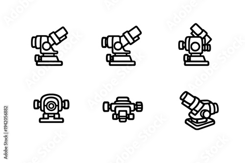 Set of equatorial telescope mount icons for astronomy and astrophotography equipment design on white background