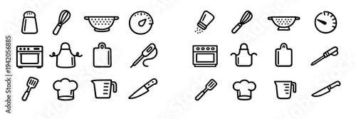 Minimalist kitchen tools and cooking equipment icons featuring whisk oven chef hat spatula and measuring cup on white background