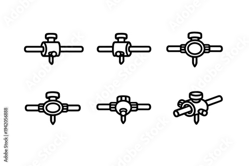 Set of beam compass and trammel point icons for technical drawing and drafting equipment design elements on white background