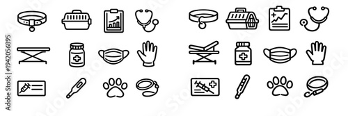 Pet health care and veterinary medicine line icons including carrier collar medical chart and vaccination tools for animal clinic