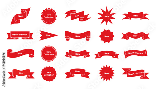 Set of red New Collection badges, stickers, and ribbon labels for retail and e-commerce marketing promotions..eps