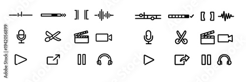 Set of minimalist black line icons for video editing and audio production software interface design elements on white background