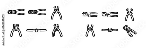 Set of dental extraction forceps and surgical pliers icons for medical and dentistry procedures isolated on white background