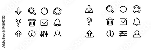 Set of black line interface icons including search trash bin notification bell user profile and navigation arrows on white background