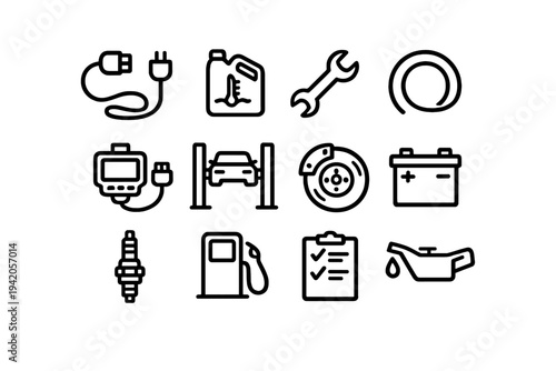 Car repair and automotive maintenance line icons including battery wrench spark plug gas pump and diagnostic tools for garage services