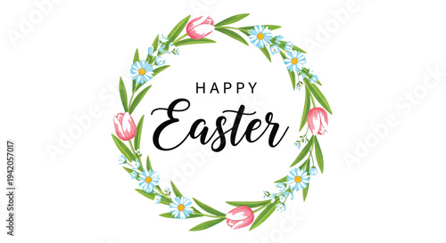 Happy Easter script inside a floral wreath of pink tulips.