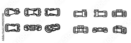 Set of plastic side release buckle icons for backpacks and luggage straps isolated on white background