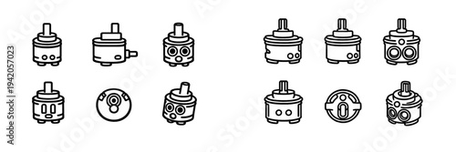 Set of ceramic faucet cartridge icons for water mixer repair and plumbing maintenance isolated on white background