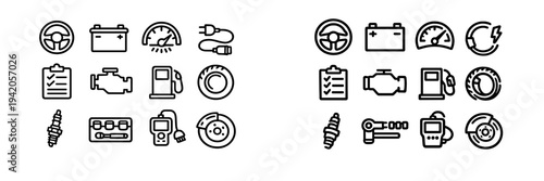 Automotive service and car maintenance line icons set featuring engine battery steering wheel tire and diagnostic tools