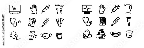 Medical and healthcare icons featuring stethoscope syringe thermometer face mask and hospital equipment in line art style
