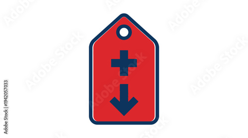 Red price tag icon with plus sign and downward arrow