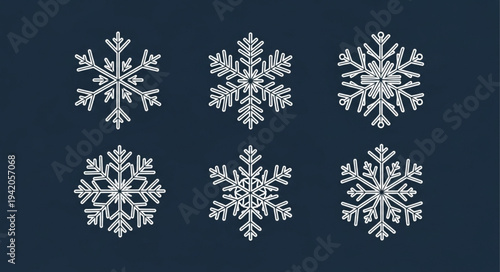 Set of Six Different Snowflake Patterns on Dark Background.