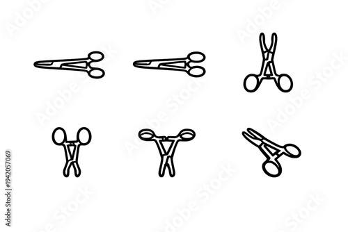 Set of surgical clamp icons and medical hemostat forceps line art for healthcare and surgery concepts on white background