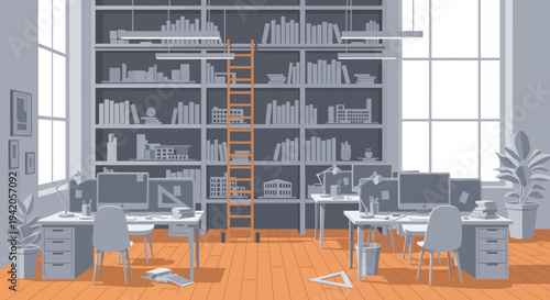 Modern Office Space with Bookshelves and Desks.