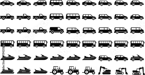 Comprehensive black silhouette icon set of various vehicles including cars, pickup trucks, buses, jet skis, tractors, and excavators isolated on a white background.