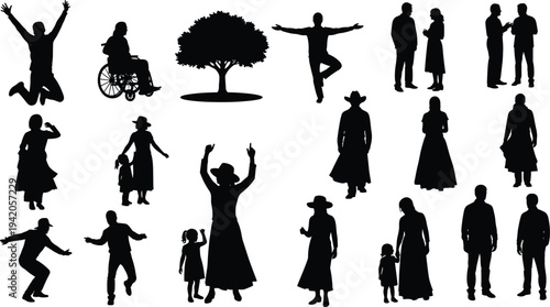 Diverse collection of black silhouettes featuring people jumping, dancing, sitting in wheelchair, families with children, couples, and a lonely tree isolated on white background