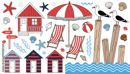 Summer vacation beach scene with cottage, chairs and umbrella.eps