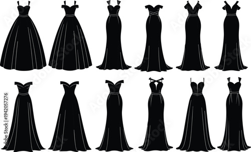 Elegant collection of black evening gown silhouettes featuring various wedding dress styles bridesmaid long formal party dresses and ballgowns isolated on white background