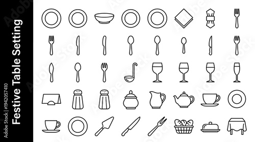 Collection of line art icons representing tableware and dining elements for a festive occasion