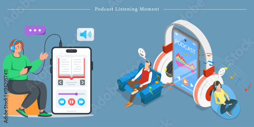 Podcast Listening Moment Flat Vector and Isometric Audio Experience Illustration Set