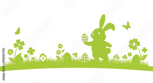 A rabbit silhouette stands in grass holding decorated Easter eggs.