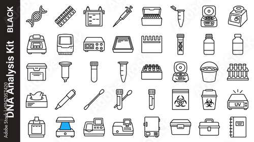 Collection of scientific laboratory equipment icons for DNA analysis and research
