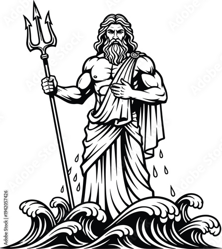 Powerful black and white vector illustration of Greek god Poseidon holding a trident standing in ocean waves for mythological and nautical design projects