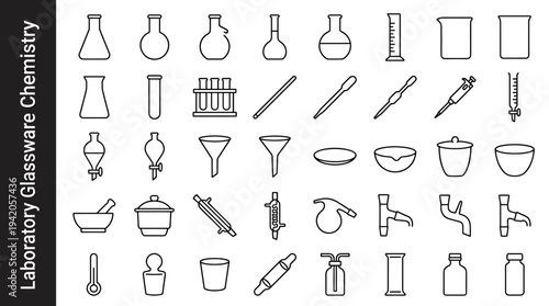 Collection of laboratory glassware and equipment icons for chemistry and science